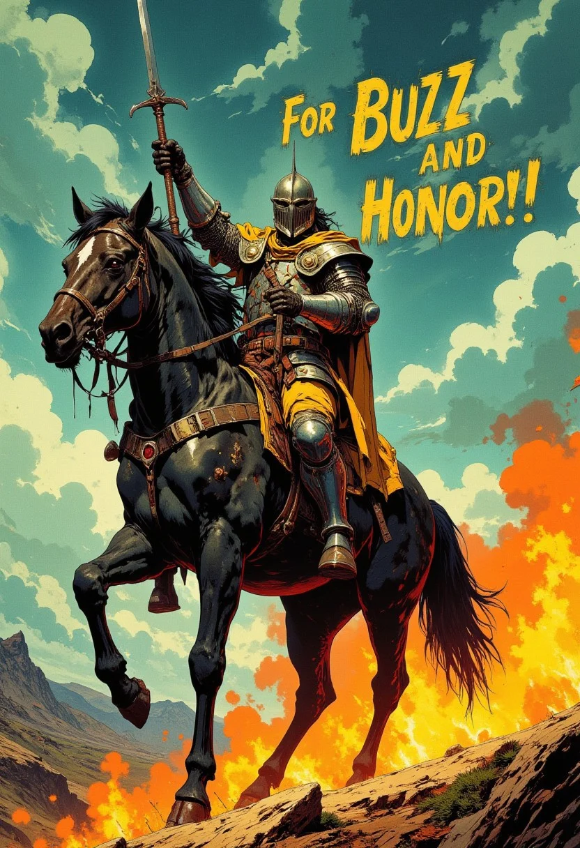 A knight riding a horse, sword pointed to the sky. Text in golden font "For Buzz and Honor!" CAICO