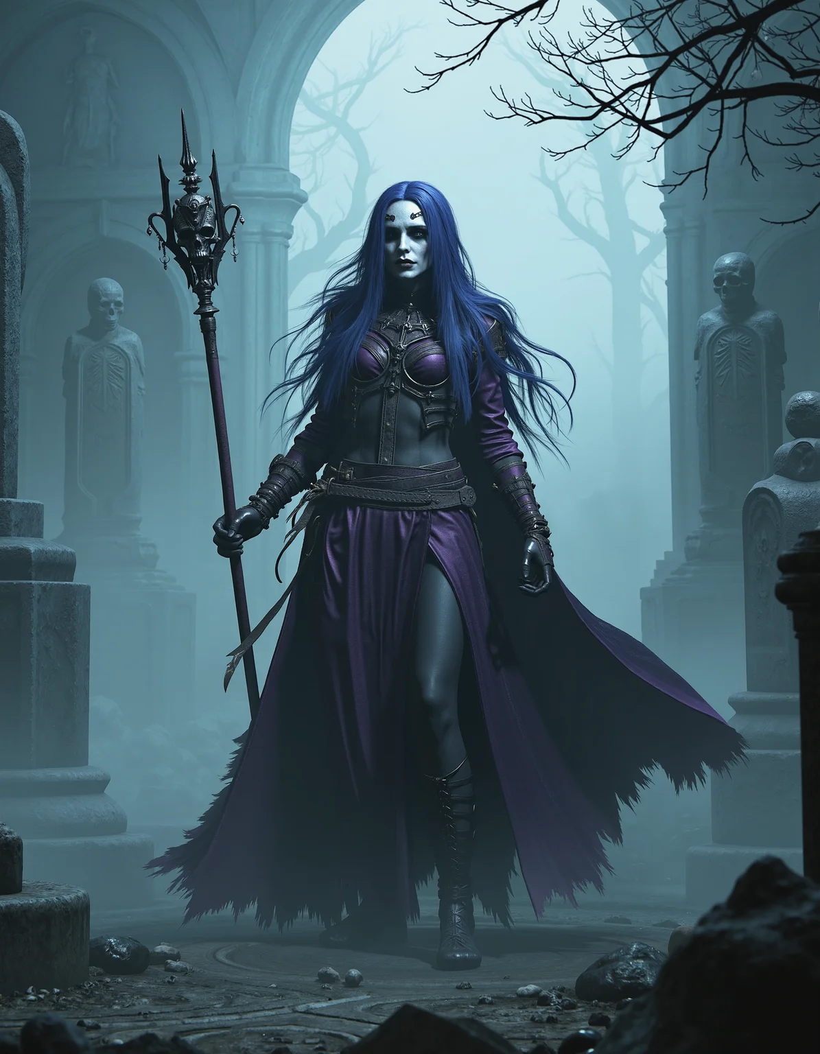 zavy-lch, Low-angle shot capturing the necromancer in a dramatic pose, tall and imposing with a staff in hand, pale white skin appearing almost ghostly, long duotone hair flowing with deep purple and midnight blue highlights. Surrounded by swirling mist in an ancient graveyard, shadows of tombstones punctuating the foggy ground and wisps of ethereal energy rising around them. Shot in a high-contrast gothic style that enhances the dark ambience and eerie details of the scene. A moody color palette dominated by shades of black and deep violet, accented with pale white light creating an ethereal glow.