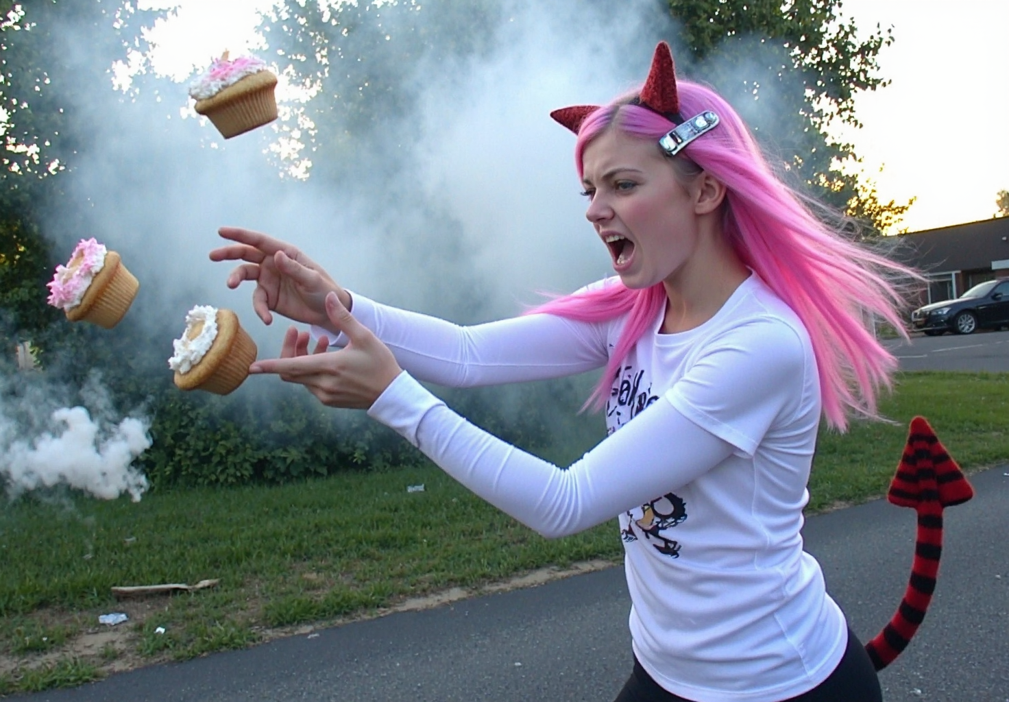 d1g1cam, girl, mid teen, with dyed pink hair, wearing costume devil horns and clip-on cat tail, throwing cupcakes with dramatic angry expression, motion blur of cupcakes in air, smoke effects rising from cupcakes, outdoor evening setting, phone camera portrait mode, slight lens flare effects, uneven outdoor lighting, candid action shot, amateur photography style