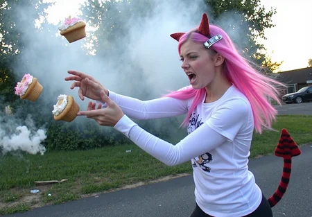 d1g1cam, girl, mid teen, with dyed pink hair, wearing costume devil horns and clip-on cat tail, throwing cupcakes with dramatic angry expression, motion blur of cupcakes in air, smoke effects rising from cupcakes, outdoor evening setting, phone camera portrait mode, slight lens flare effects, uneven outdoor lighting, candid action shot, amateur photography style