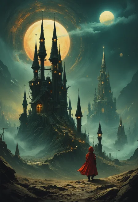 inspired by the cover of the novel The Little Prince, replica of the "Isle of the dead" of Arnold Böcklin of the future. Futuristic Blade Runner style. extremely photorealistic