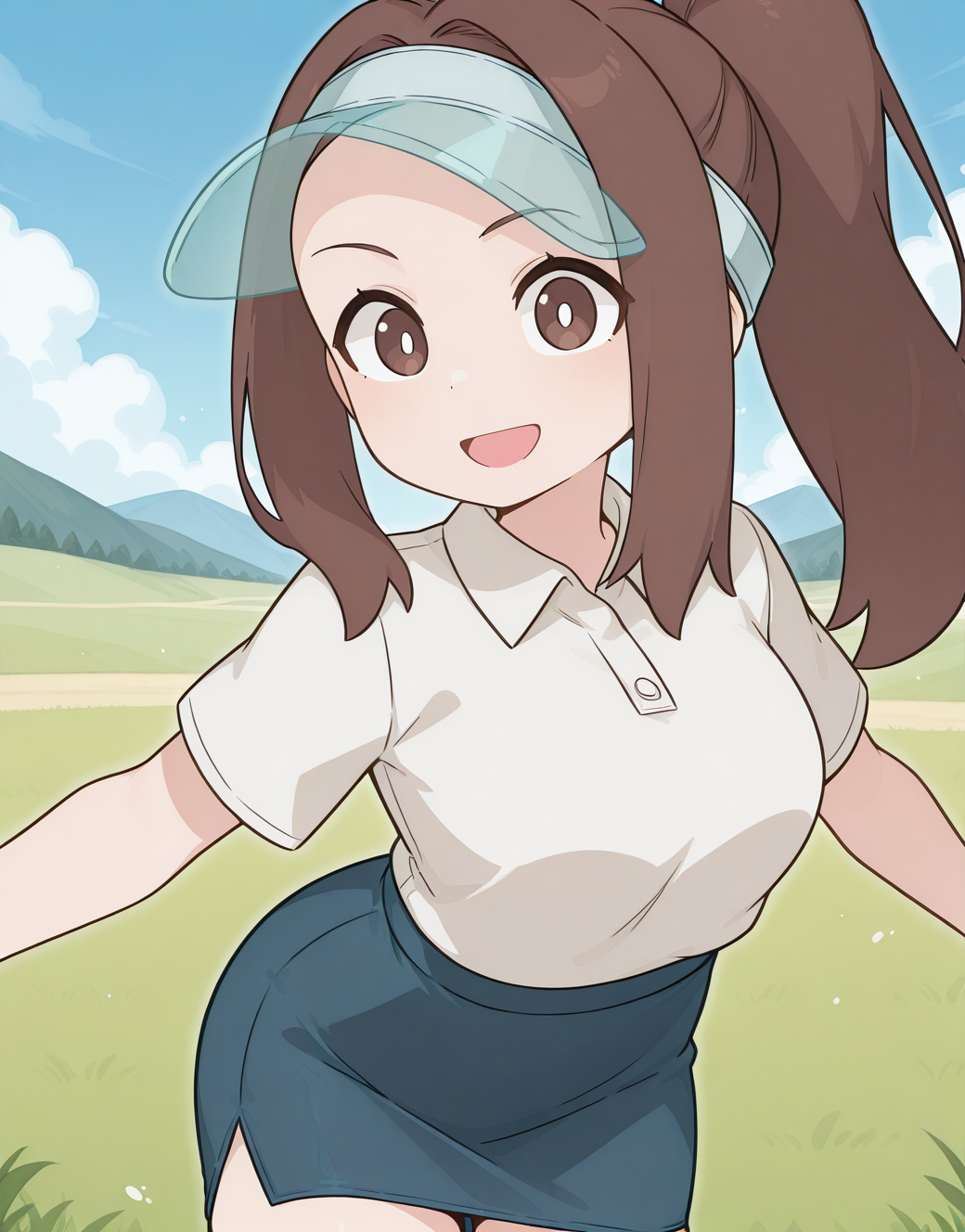 minamine, white pupils, brown eyes, brown hair, long hair, ponytail, forehead, visor cap, collared shirt, white shirt, blue skirt, pencil skirt, <lora:minamine_illustrious_ver1:0.8> 
smile, open mouth,, masterpiece, best quality, sensitive,, 1girl, solo, blue sky, (grasslands:1.2), looking at viewer,, (cowboy shot, dynamic pose:1.4),