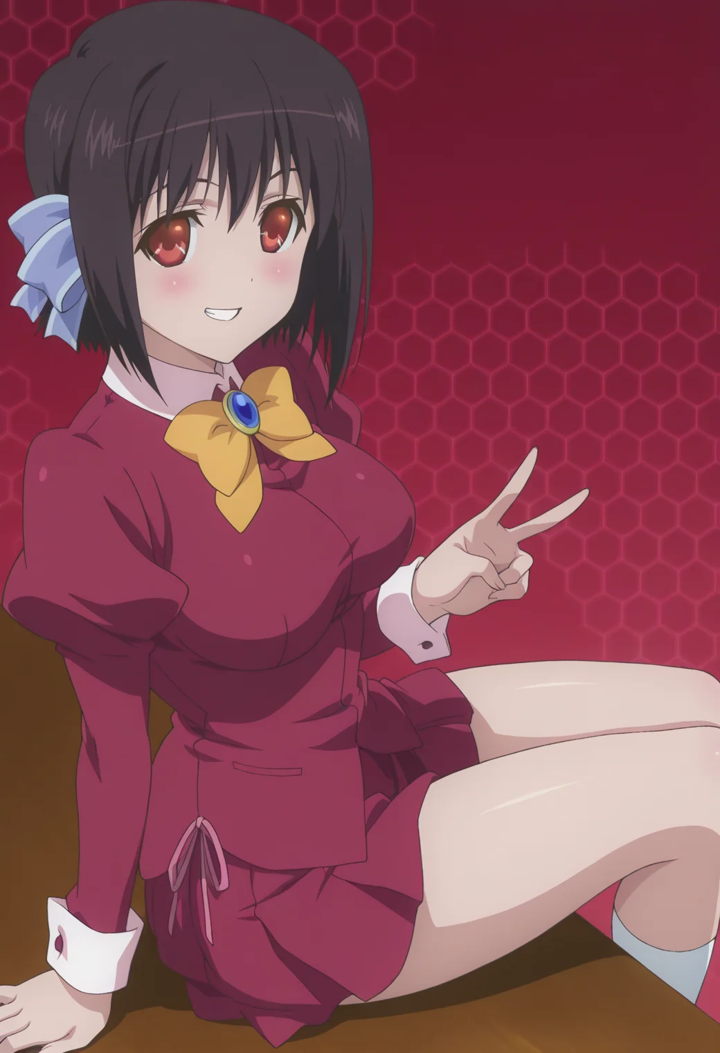 anime screencap, anime coloring, <lora:DX888Tomomi:1> saikyou tomomi, red eyes, black hair, short hair BREAK simple background, red background, (honeycomb background:1.2),  BREAK hair ribbon, school uniform, bow, brooch, puffy sleeves, long sleeves, red shirt, red skirt BREAK    1girl, blush, breasts, grin, gyaru v,  looking at viewer, sitting, solo, thighs, v, arm support, (from above:1.2), (from side:0.9)