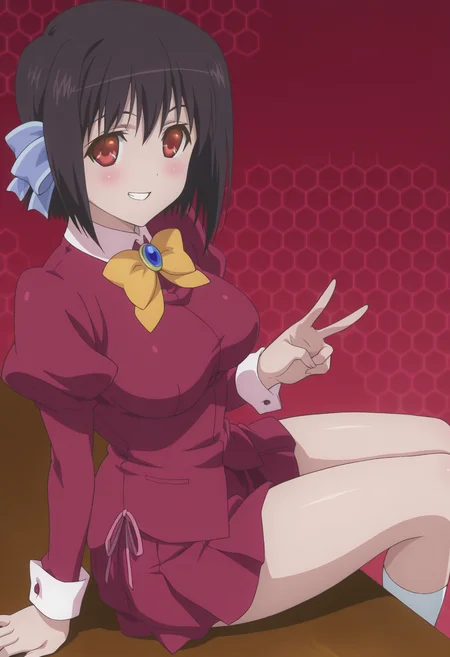 anime screencap, anime coloring, <lora:DX888Tomomi:1> saikyou tomomi, red eyes, black hair, short hair BREAK simple background, red background, (honeycomb background:1.2), BREAK hair ribbon, school uniform, bow, brooch, puffy sleeves, long sleeves, red shirt, red skirt BREAK 1girl, blush, breasts, grin, gyaru v, looking at viewer, sitting, solo, thighs, v, arm support, (from above:1.2), (from side:0.9)