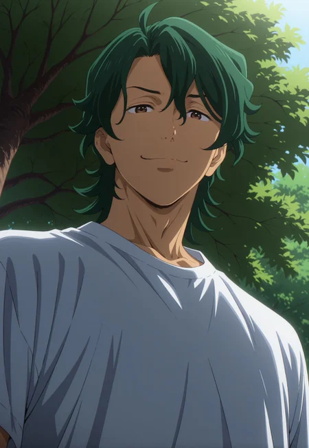 masterpiece,best quality,amazing quality, detailed details, shaded, detailed shading, detailed skin, shaded skin, realistic shading, countershading:1.1, outdoors, upper body, low angle view, looking at viewer, 1boy, solo, Kojiro Nanjo, green hair, brown eyes, smirk