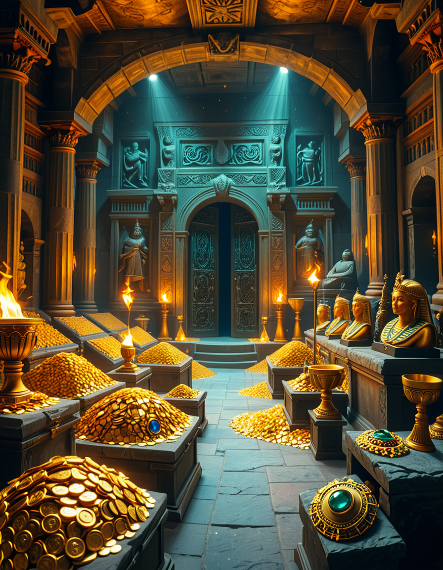 A hidden treasure chamber deep within an ancient temple, illuminated by the warm golden glow of torches and mystical blue light from enchanted crystals. The room is filled with piles of gold coins, jewel-encrusted goblets, and ancient artifacts covered in dust. Massive stone statues of forgotten deities guard the chamber, their eyes glowing faintly as if watching intruders. In the center, a grand pedestal holds a legendary artifactâan ornate golden crown encrusted with emeralds and sapphires, shimmering with an otherworldly aura. The walls are adorned with intricate carvings depicting lost civilizations, and creeping vines hint at centuries of abandonment. The atmosphere is mystical and slightly eerie, with a sense of both wonder and danger. The air is thick with the scent of aged parchment and burning incense, adding to the chamberâs ancient and mysterious feel. Cinematic lighting with dramatic shadows enhances the depth and richness of the scene, creating a visually stunning and immersive environment.
<lora:SDXLFaeTastic2400:0.4> <lora:extremely_detailed:0.4> extremely detailed, <lora:treasure_ch4mb3r:1>,treasure ch4mb3r, Masterpiece,best quality,hi res,8k,hi res,8k,award winning,(sharp focus, intricate, highly detailed),