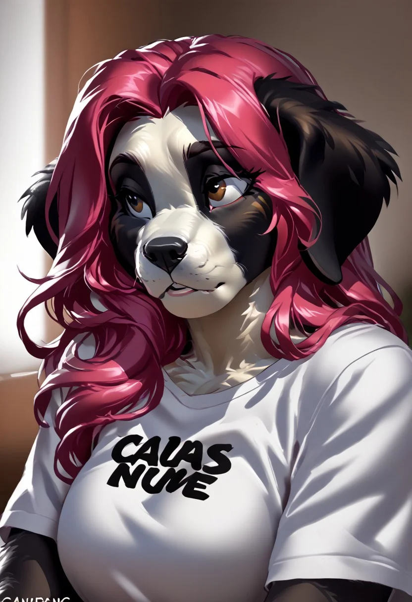 score_9, score_8_up, score_7_up, (by kittydee:1.5), (by jailbird:1.5), (by zummeng:1.5), masterpiece, best quality,
(Furry Art: Anthro: Saint Bernard:1.5), 1girl, expressive eyes, feminine eyes, perfect face, feminine face, (floppy dog ears), multicolored fur, (black fur markings around eyes), (large breasts), perfect face, brown eyes, pink hair, (long hair), (t-shirt)