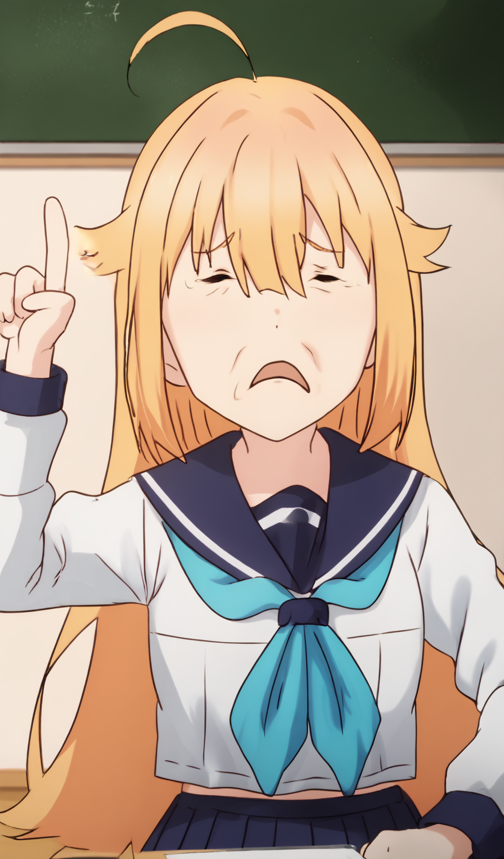 score_9,score_8_up,score_7_up,score_6_up,score_5_up,score_4_up,source_anime,
cowboy shot,upper body,
<lora:Koshi_Torako_pony_ct:1>,1girl,ctiank0shi,serafuku,sailor collar,blue neckerchief,skirt,long sleeves,indoors,classroom,
<lora:piglet_face_pony_v1:1.3>,piglet_face,(closed eyes:1.2),open mouth,one_index_finger_raised,frown,sad,