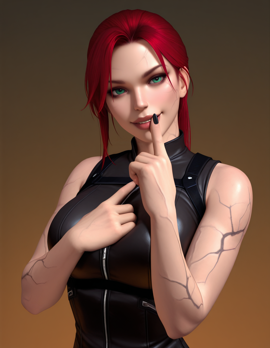 Masterpiece, high-res, 2k, best quality, 2.5d, realistic, 1 girl, laradopple, medium shot, black veins, (tattoo:.7) <lora:laradopple-000037:1>   Playful Arm Fold: Cross your arms in front of your chest leaving one finger slightly extended and tilt your head with a playful expression. This pose adds a touch of mischievousness.