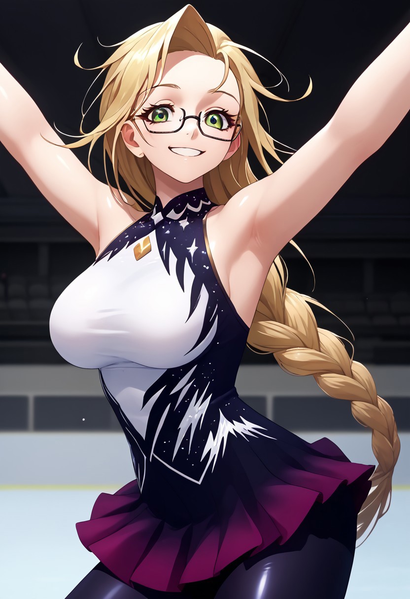 detailed background, shiny skin, 
<lora:medali.pony:1>,
medali,
skating,dancing ,smile,Score_9, Score_8_up, Score_7_up, Score_6_up, source_anime, 1girl, solo <lora:emilysimmons-pdxl-nvwls-v1-000005:1> esimmons, blonde hair, green eyes, braided ponytail, very long hair, glasses, black thighs, big breasts,