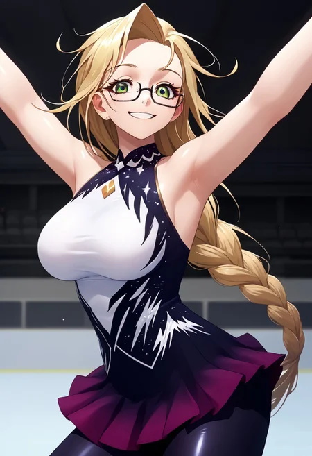detailed background, shiny skin,
<lora:medali.pony:1>,
medali,
skating,dancing ,smile,Score_9, Score_8_up, Score_7_up, Score_6_up, source_anime, 1girl, solo <lora:emilysimmons-pdxl-nvwls-v1-000005:1> esimmons, blonde hair, green eyes, braided ponytail, very long hair, glasses, black thighs, big breasts,