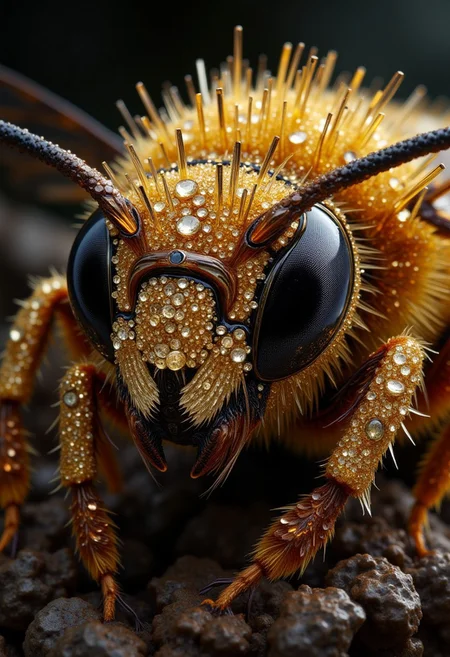 Masterpiece, Gold bee with dark diamond and crystal, crystallization, hi details, super realistic, close-up, 16K, detailed, UHD