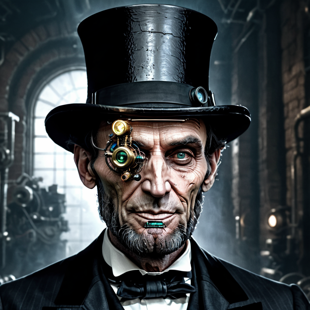 raw photo,cinematic shot,photorealistic,solo,portrait of cybermutant abraham lincoln wearing a tophat and cybernetic monocle,cybernetic implants,cybernetic attachments,tubes,<lora:Cyberfleshmutant-000002:0.6>