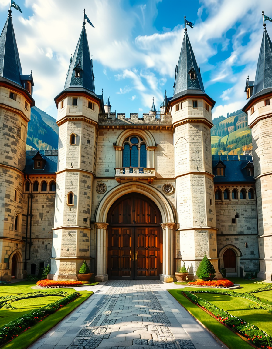 A highly detailed and realistic photograph of the massive entrance door of a medieval castle. The heavy wooden door is reinforced with large iron studs and intricate metalwork, set within a grand stone archway. The aged stone walls surrounding the entrance are weathered, covered in patches of moss and ivy, giving a sense of ancient history.
The cobblestone pathway leading to the door is slightly worn, with scattered fallen leaves and small tufts of grass growing between the stones. Above the entrance, a small, narrow window or arrow slit adds to the castleâs defensive design. The scene is illuminated by soft, natural light, casting shadows that highlight the textures of the stone and wood. The atmosphere is mysterious and majestic, evoking a sense of medieval grandeur.
<lora:SDXLFaeTastic2400:0.4> <lora:extremely_detailed:0.4> extremely detailed,  <lora:medieval_c4stl3_d00r:1>,medieval c4stl3 d00r, Masterpiece,best quality,hi res,8k,hi res,8k,award winning,(sharp focus, intricate, highly detailed),