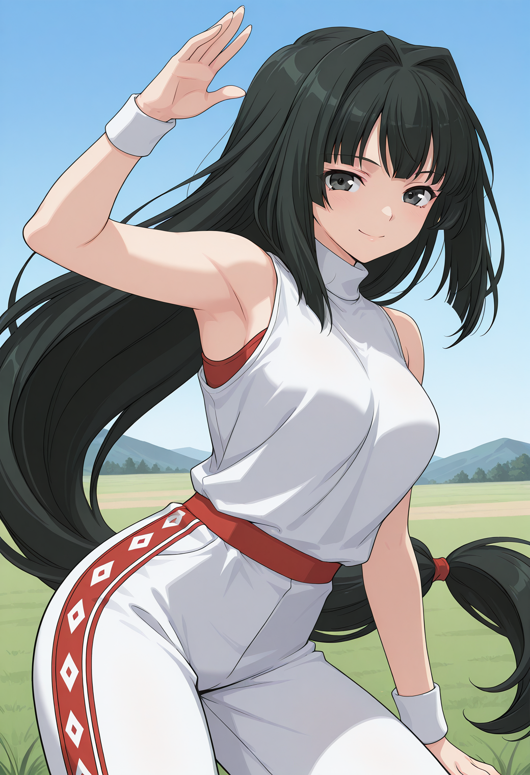 kusanagi_mikoto, black eyes, black hair, long hair, very long hair, low-tied long hair, hair intakes, wristband, sportswear, white shirt, turtleneck, sleeveless, red inner, white pants, red pattern, diamond pattern, <lora:kusanagi_mikoto_illustrious_ver2:0.8> 
smile,, masterpiece, best quality, sensitive,, 1girl, solo, blue sky, (grasslands:1.2), looking at viewer,, (cowboy shot, dynamic pose:1.4),