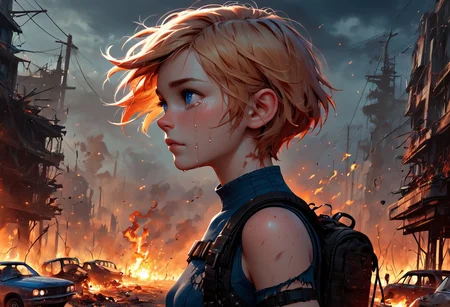 1girl, Masterpiece, 4k, ultra high detail, score_9, score_8_up, score_8, 18yo, petite, medium breast, short blonde hair, fcNeg, stunning blue eyes, freckles, white skin, small nose, innocent beauty, slim face, skinny petite body,
Torn sport clothes
Dark sky, burning sky, nighttime, night,
Fear in her eyes, crying,
Sideview, Apocalyptic scene, burning skyscraper, burning city, derstroyed cars, a huge asteroid swarm in the sky,
Many asteroids in the sky,
End of the World,
negative_hand, NightScapes,