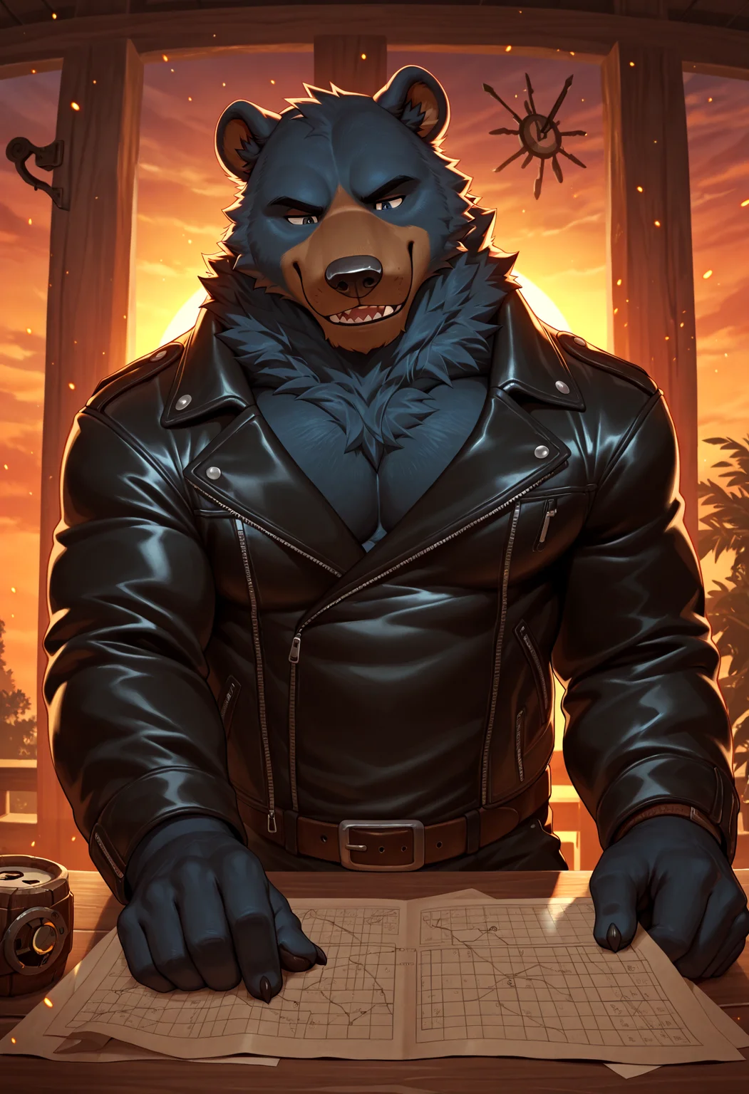 4k, score_9, score_8_up, score_7_up, mature, male focus, male, (detailed face), (detailed eyes), sharp focus, masterpiece, best quality, amazing quality, good lighting, anthro, male focus, furry male, sharp teeth, furry, bara, 5finger, Sun Bear anthro, Sun Bear dark blue fur, checking a map, secret hideout, twilight embers, leather jacket, seductive, broken clock, l1ndong,
