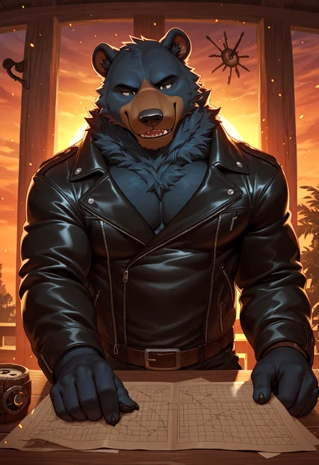 4k, score_9, score_8_up, score_7_up, mature, male focus, male, (detailed face), (detailed eyes), sharp focus, masterpiece, best quality, amazing quality, good lighting, anthro, male focus, furry male, sharp teeth, furry, bara, 5finger, Sun Bear anthro, Sun Bear dark blue fur, checking a map, secret hideout, twilight embers, leather jacket, seductive, broken clock, l1ndong,