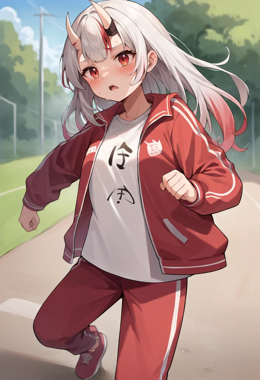 score_9, score_8_up, score_7_up, source_anime, 1girl, solo, AyameTracksuit, oni horns, long hair, red jacket, white shirt, clothes writing, red pants, track pants, running, outdoors, sweat, open mouth, blush, <lora:CHAR-NakiriAyamePonyXL:1>