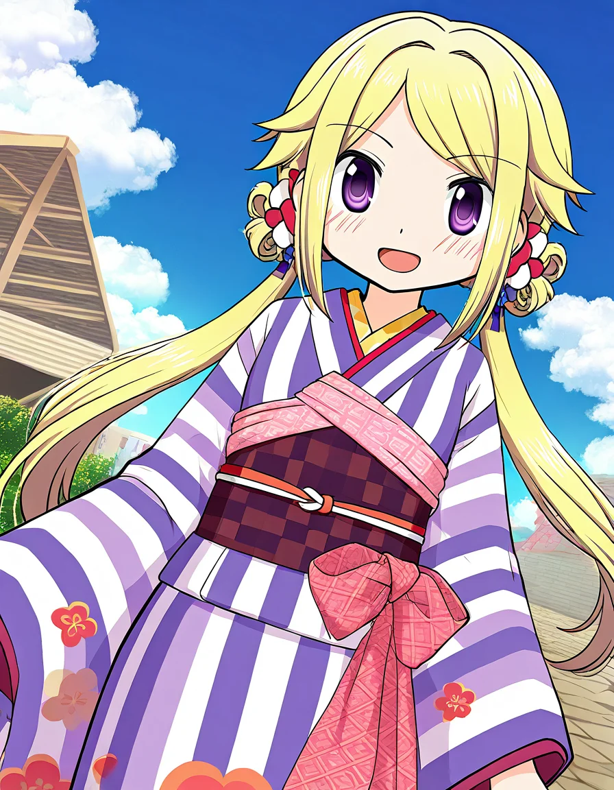 masterpiece, best quality, newest, absurdres, highres, safe, 1girl, mitsuki felicia \(haregi costume\), magia record: mahou shoujo madoka magica gaiden, twintails, smile, open mouth, solo, day, outdoors, dutch angle, <lora:mitsuki_felicia_noobaiXLNAIXL_vPred10Version:0.7>