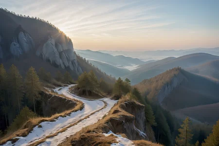 Hyperrealistic art professional photo, scenery, path through cliffs up to mountain hill, forest, (dramatic sky, journal cover shot, natural colors, correct white balance, color correction, dehaze,clarity), . Extremely high-resolution details, photographic, realism pushed to extreme, fine texture, incredibly lifelike <lora:When_autumn_meets_winter_XL:1>