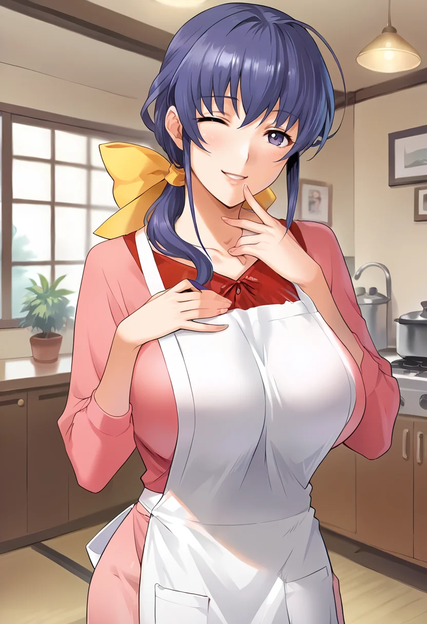 score_9, score_8_up, score_7_up, source_anime, masterpiece, 1girl, ct_haruka, blue hair, hair bow, ponytail, large breasts, pink shirt, long sleeves, apron, light pink long skirt, looking at viewer, indoors, japanese home, hand on chin, smile, one eye closed,<lora:HarukaOgihara_Pony_ct:0.9>