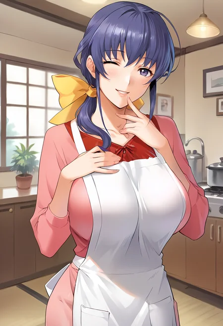 score_9, score_8_up, score_7_up, source_anime, masterpiece, 1girl, ct_haruka, blue hair, hair bow, ponytail, large breasts, pink shirt, long sleeves, apron, light pink long skirt, looking at viewer, indoors, japanese home, hand on chin, smile, one eye closed,<lora:HarukaOgihara_Pony_ct:0.9>