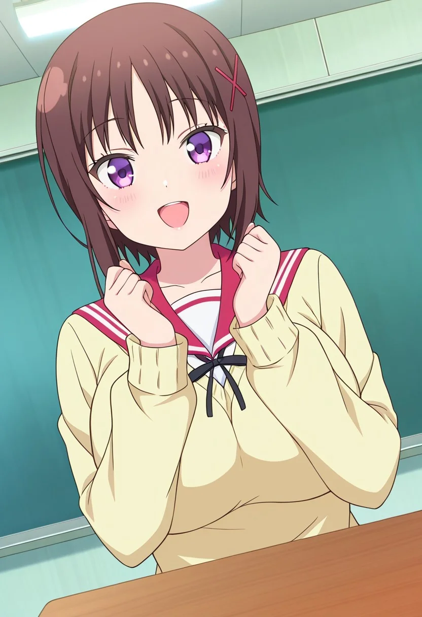 general,highres, ultra-detailed,very aesthetic,best quality ,best hands,best eyes,easynegative,
dynamic anglre, dutch angle, anime cloring,anime screencap,
1girl solo,looking at viewer,school,indoors,smile,open mouth,singing,
Chiaki HAGINO,brown hair,short hair,purple eyes,hairclip,huge breasts,serafuku,