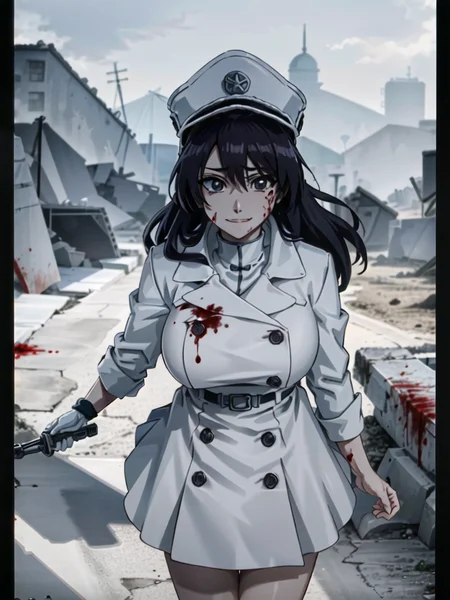 1girl, best quality, masterpiece, solo, 3d rendering, cowboy shot, military uniform, (photorealistic:1.45), (incredibly absurdres:1.2), ultra-detailed, 8k wallpaper, (explosion:1.2), (blood splatter),(evil smile, insane), (large breasts), (blood on clothes), upper body,very long hair, hair strand, crazy face, (mature female), strong rim lighting, bright, (blood on face), black lace panties, standing, 3d rendering, warzone,from above, <lora:bambiettaBasterbine_v091:0.72>, bambietta