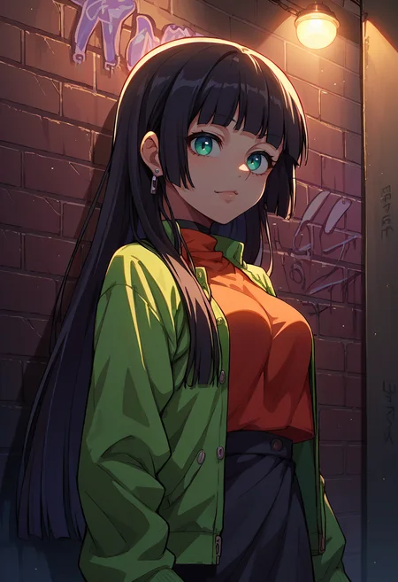 score_9, score_8_up, source_anime, 1girl, solo, SoryuinAkemi, long hair, hime cut, earrings, sharp eyes, choker, neon shirt, open jacket, turtleneck sweater, night, against wall, brick wall, graffiti, dim lighting, alley, looking at viewer, <lora:ChamSoryuinAkemiPonyXL:1>