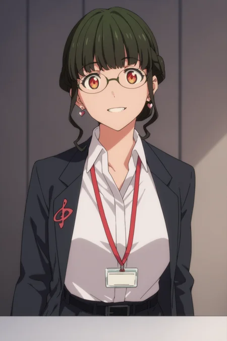 score_9, score_8_up, score_7_up, score_6_up, score_5_up, source_anime, rating_safe, medium breasts, indoors, 1girl, solo, looking at viewer, <lora:age_slider_v4:3>, (upper body:1.2), (dynamic pose:1.2), anosillus the 2nd, dark green hair, short hair, low tied hair, french braid, red eyes, glasses, heart earrings, suit, grey jacket, white shirt, collared shirt, lanyard, open jacket, black belt, grey pants, white footwear, <lora:Anosillus_the_2nd:0.8>