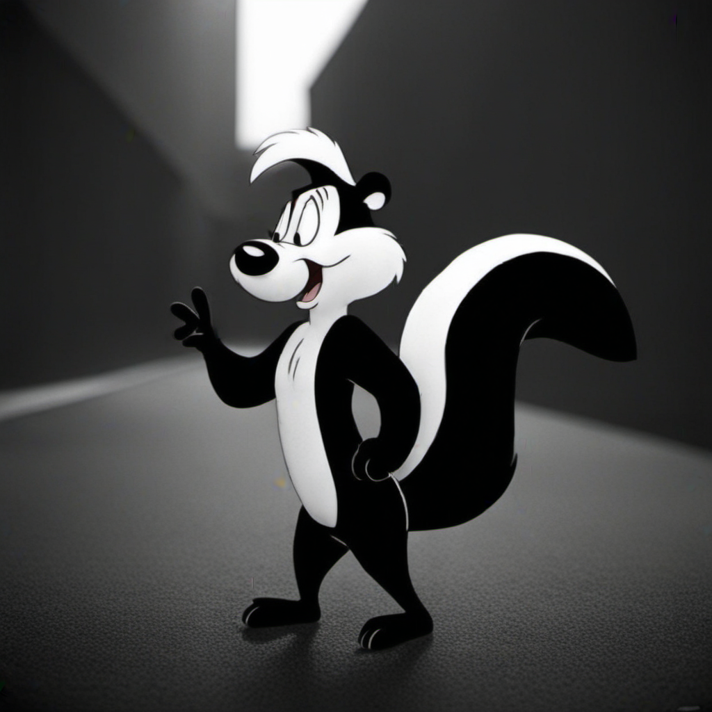 cinematic photo a cartoon character with a big furry black and white tail, walking in the street <lora:Pepe1024:0.8> . 35mm photograph, film, bokeh, professional, 4k, highly detailed