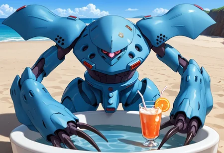 score_9, score_8_up, score_7_up, source_anime, front view, BREAK, ( hygogg, blue_hygogg_armor, pink monoeye, looking at viewer, leaning forward, long arms, very long arms, claw on edge of tub, long claws) 1mech, wide mech, large shoulders, large shoulder armor, mech focus, solo, BREAK, on beach, holding mixed drink,