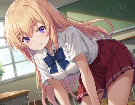 score_9, score_8_up, score_7_up, source_anime,
honamiichinose, <lora:honami-ichinose-s2-ponyxl-lora-nochekaiser:1>
honami ichinose, long hair, blonde hair, purple eyes, hair between eyes,
skirt, bow, school uniform, pleated skirt, bowtie, blue bow, red skirt, collared shirt, white shirt, short sleeves,
indoors, classroom, bent over, smile,
looking at viewer, dutch angle, cowboy shot