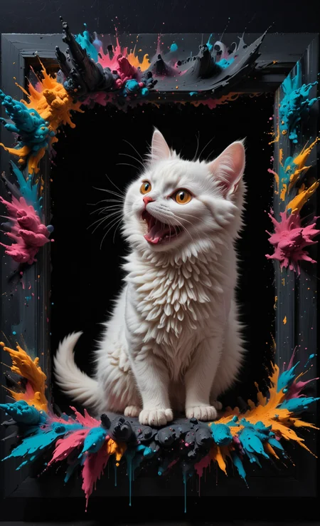 a white cute fluffy cat in dark back ally, (3D Framed, Cat), with mind blowing depth and foreground clarity, abstract details, distinctive visuals, Intricate and Exquisite Definition, Painstaking Attention To Details (Very Intricate), (UHD), <lora:3D_Framed_Wall_Art_-_By_DICE:1>, (3D Framed, Cat), (Unreal Details), (Exquisite intricacies)  <lora:Colorful_Powder_Explosion_-_By_DICE:1>, Colorful Powder Explosion,