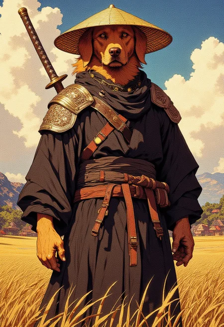 A humanoid golden retriever dressed as a ronnin. wearing long black japanese robes and a straw hat. He has a katana in a sheath on his hip.
He is in a field.
Full body
Cinematic lighting, volumetric lighting, 8k quality