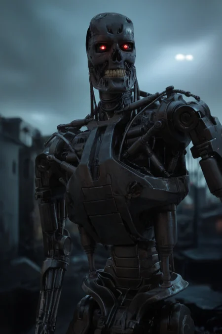 T800_Endo, Terminator robot, score_9, score_8_up, score_7_up, (source_IRL, source_movie), cinematic, realistic, masterpiece, high quality, highres RAW photo, ((upper body shot))
a T800_Endo Terminator Robot with red eyes, he is made of metal, <lora:T800_Endo_Terminator_Pony_v1-000019:1>
(standing, holding a futuristic gun)
in a destroyed apocalyptic city, dark cloudy skies, Apocalyptic Landscape, destroyed city
dynamic lighting, highly detailed, intricate details, shadows, dark, at night