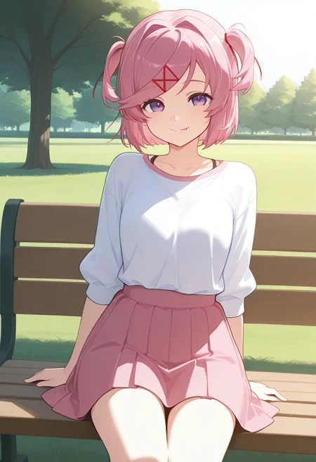 score_9, score_8_up, score_7_up,1girl,solo female, epic photograpy, extremely detailed, high quality, absurd res, high res, masterpiece,best quality,amazing quality, absurdres, 8k, BREAK
Natsuki, fang, hair ornament, pink hair, purple eyes, short hair, short sidetail, swept bangs, x hair ornament,
sitting, park, bench, bench park, grass, trees, smile, looking at viewer, happy, sunlight, white shirt, pink skirt