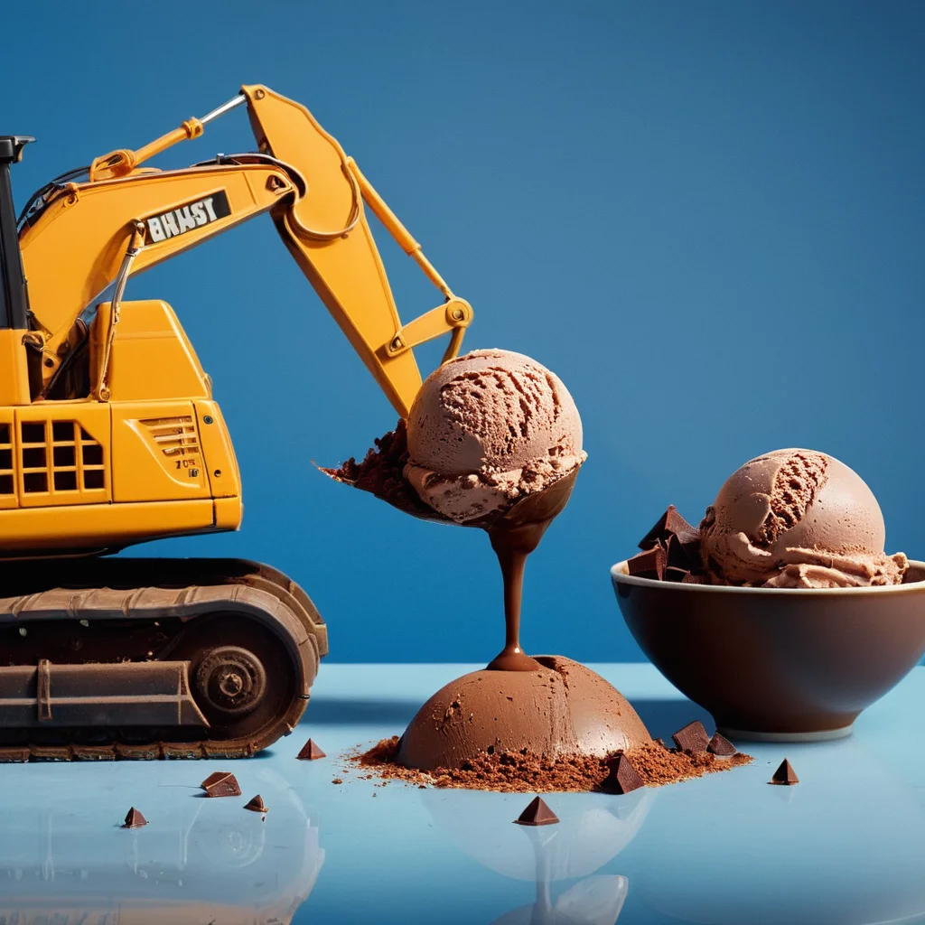 cinematic film still of <lora:Fine art photography style:1>
Juxtaposition of a construction vehicle is digging in a cup of chocolate ice cream,simple background,food,no humans,blue background,plate,realistic,food focus,still life Juxtaposition,artistic,photography,dramatic light,dramatic shadow light,contrast,saturated color,cinematic,filmic,photographic,realistic,realism,perfection,perfect,Juxtaposed,opposite,different things,side by side,syncretism,antithesis,Juxtaposition style,still life , creative, photorealism, hyperrealism, Fine art photography style, Fine art cinematic photography style, shallow depth of field, vignette, highly detailed, high budget, bokeh, cinemascope, moody, epic, gorgeous, film grain, grainy