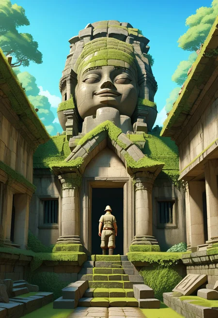 score_8, score_8_up, score_7_up, score_6_up, fantasy, source_painting, traditional media BREAK 1girl, blonde hair, pith helmet, explorer clothes, khaki shirt, khaki pants, boots, Angkol_ruins, ruins, outdoors, overgrown, moss, building, doorway, stone stairs, building, blue sky, stone head, statue