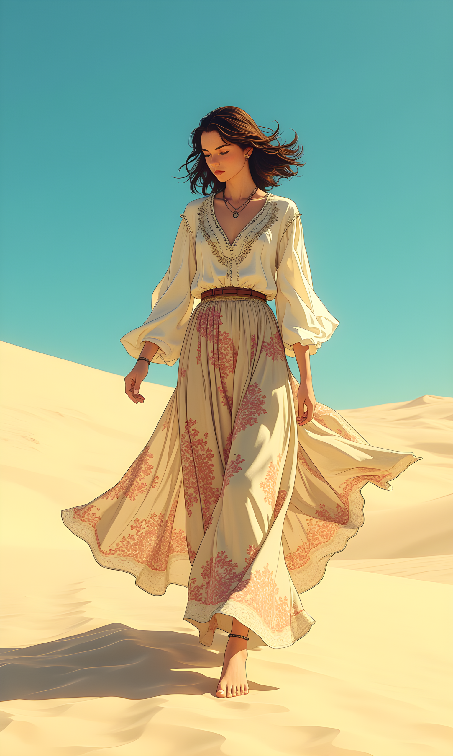 A serene and ethereal scene of a woman walking across a vast expanse of sand dunes. The woman is dressed in a flowing, bohemian-style outfit consisting of a white blouse with intricate embroidery and a long, patterned skirt that flutters around her as she moves. Her hair is loose and appears to be blowing in the wind, adding to the sense of movement and freedom. 
The background features a clear blue sky, which contrasts beautifully with the soft, golden tones of the sand. The dunes are smooth and undulating, creating a sense of depth and vastness. The lighting is bright and natural, highlighting the textures of the sand and the details of the woman's clothing. 
The overall mood of the image is one of tranquility and connection with nature. The woman's pose and the flowing lines of her dress create a sense of grace and elegance, while the expansive landscape evokes a feeling of peace and solitude. The combination of the woman's attire, the natural setting, and the dynamic composition makes for a visually stunning and memorable photograph. 
BREAK anime, d13s3lp2nk, bboil artist style, OBdonman, <lora:FLUX\Synesthesia:0.2>, <lora:FLUX\RetroAnimeS1.1:0.4>, <lora:FLUX\Flux-jijia:0.1>, <lora:FLUX\It's a LoRA for portraits, BUT! actually specialized in backgrounds. v1.0:0.1>, <lora:FLUX\GLSHS:0.2>, <lora:FLUX\Dieselpunk Delight - s0_9 g4:0.4>, <lora:FLUX\OBdonman, anime0style portrait:0.1>