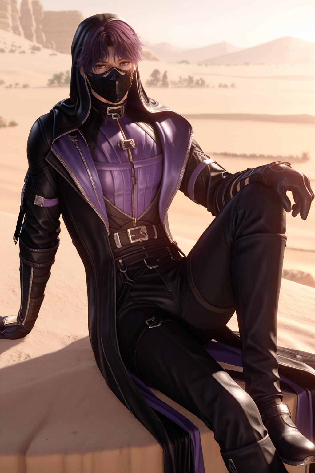 <lora:rafayel-IL-000008c:0.9>,Rafayel, 1boy, male focus, solo, looking at viewer, pants, black pants, gloves, outdoors, Abysswalker, sitting, mask, mouth mask, arm support, desert, knee up, purple hair ,  bara,male focus,very awa,masterpiece,best quality,amazing quality,nsfw,uncersored,highres,best quality,amazing quality,best aesthetic,absurdres,