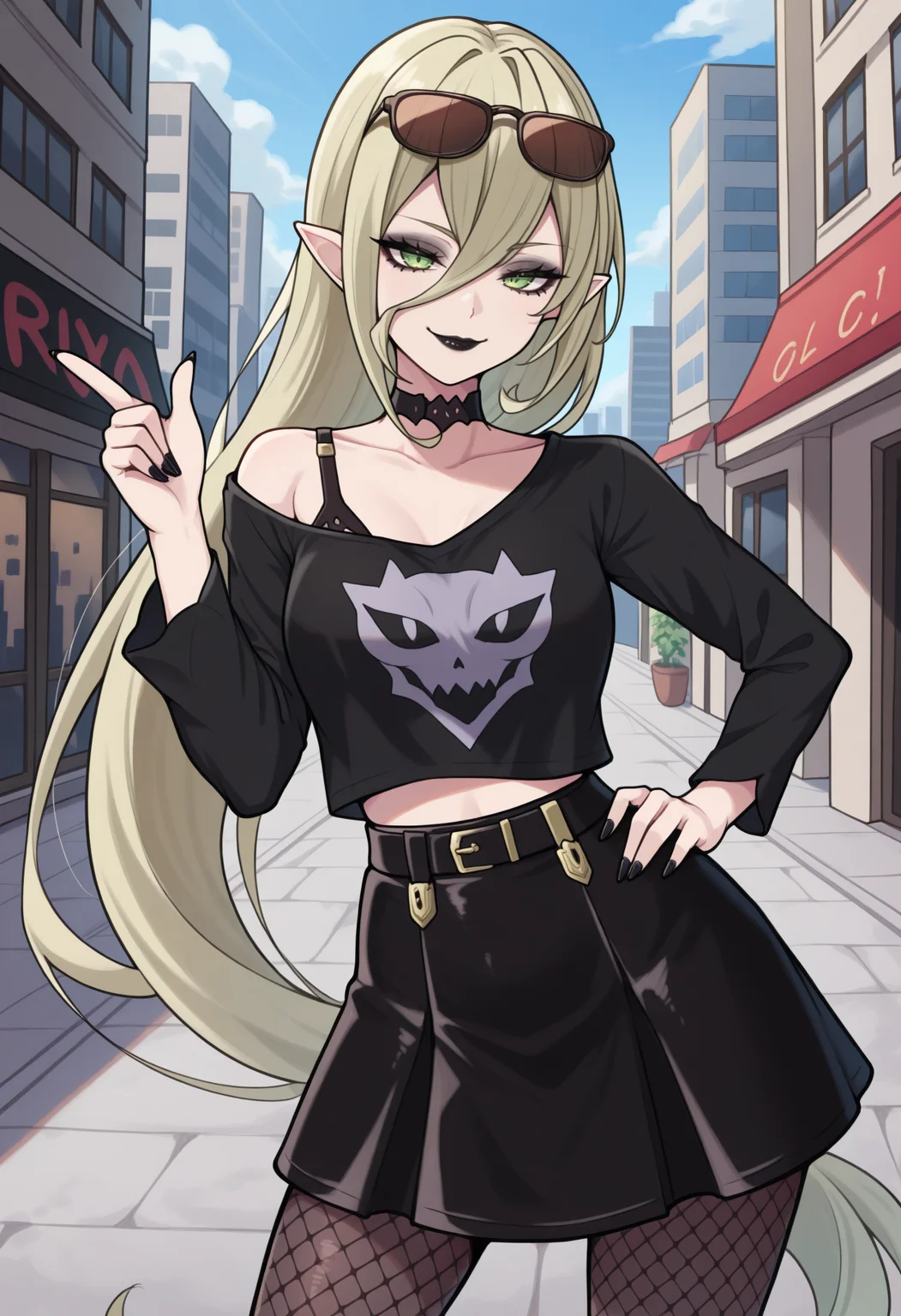 masterpiece, best quality, 1girl, solo, M4gil0u, green eyes, pointy ears, blonde hair, very long hair, hair between eyes, goth fashion, black eyeliner, black lipstick, eyeshadow, sunglasses on head, black choker, black shirt, single bare shoulder, bra strap, midriff peek, black skirt, tight skirt, fishnet pantyhose, high-waist pantyhose, hand on hip, contrapposto, finger gun, looking at viewer, smile, outdoors, city, street, <lora:ChamMagilouIllustriousXL:1>