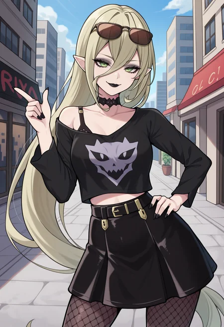 masterpiece, best quality, 1girl, solo, M4gil0u, green eyes, pointy ears, blonde hair, very long hair, hair between eyes, goth fashion, black eyeliner, black lipstick, eyeshadow, sunglasses on head, black choker, black shirt, single bare shoulder, bra strap, midriff peek, black skirt, tight skirt, fishnet pantyhose, high-waist pantyhose, hand on hip, contrapposto, finger gun, looking at viewer, smile, outdoors, city, street, <lora:ChamMagilouIllustriousXL:1>