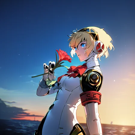 1girl, aegis, holding flower, by ocean, soejima shigenori, persona 3, masterpiece, best quality, latest, newest <lora:persona_xl_delta_rev1_3:1>