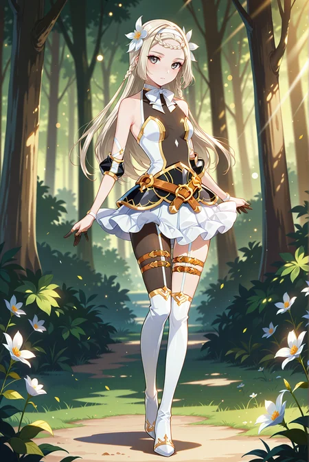 masterpiece, best quality, anime, 2d, 1girl, (anime screencap), (slender), (small breasts), solo, <lora:E7-Iseria-ILXL-V1:1> is3ria
BREAK (platinum blonde hair, long hair, braided bangs, hair flower, white flower, white hairband), outdoors, forest, <lora:RealisticAnimeIXL:0.5>, bokeh, luminescent background,
BREAK (white dress, see-through cleavage, see-through, gold trim, jewelry, black armor, white skirt, miniskirt, elbow sleeve, finger cots, bowtie, white bow, white footwear, thighboots),
BREAK (thigh belt, thigh strap, single leg pantyhose, black pantyhose, belt, strapless, halterneck)
BREAK (looking at viewer, full body:1.4), (grey eyes, expressionless)