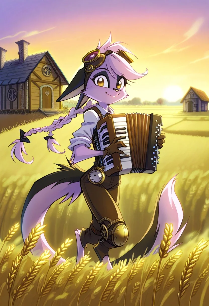 1girl,solo,furry,pink fur,tail,ears,source_furry,
,<lora:Viriathus_Vayu_illustrious:0.8>,
child, kid,
masterpiece, best quality, long hair, twin braids, farmer outfit,(steampunk), goggles, googles on head, bag, wheat field, outdoors, wind, accordion, holding instrument, playing instrument, gloves, wheat, sunset, farm, house, scenery, landscape, blurry, blurry background, looking at viewer, smile