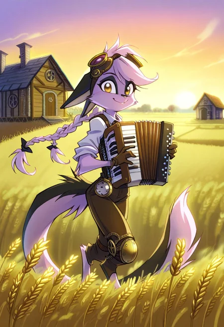 1girl,solo,furry,pink fur,tail,ears,source_furry,
,<lora:Viriathus_Vayu_illustrious:0.8>,
child, kid,
masterpiece, best quality, long hair, twin braids, farmer outfit,(steampunk), goggles, googles on head, bag, wheat field, outdoors, wind, accordion, holding instrument, playing instrument, gloves, wheat, sunset, farm, house, scenery, landscape, blurry, blurry background, looking at viewer, smile