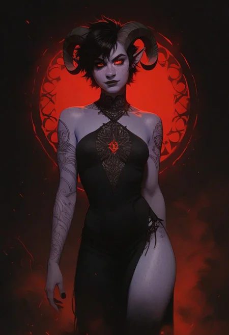 score_9, score_8_up, score_8, score_7_up, score_7, score_6_up, 1girl, black short hair, black demon horns, glowing piercing red eyes, (((purple skin))), ((freckles)), fit body, subtle abs, small breasts, human hands, sexy adult, seductive, dynamic, goat legs, non human legs, legs with fur, Satyr, demonic tattoos on body, red rune tattoos on body. hip with fur, non human hip, tomboy hair, body tattoo, runes on body, ritual marking on body, wearing fancy black dress, cowboy shot, cinematic,