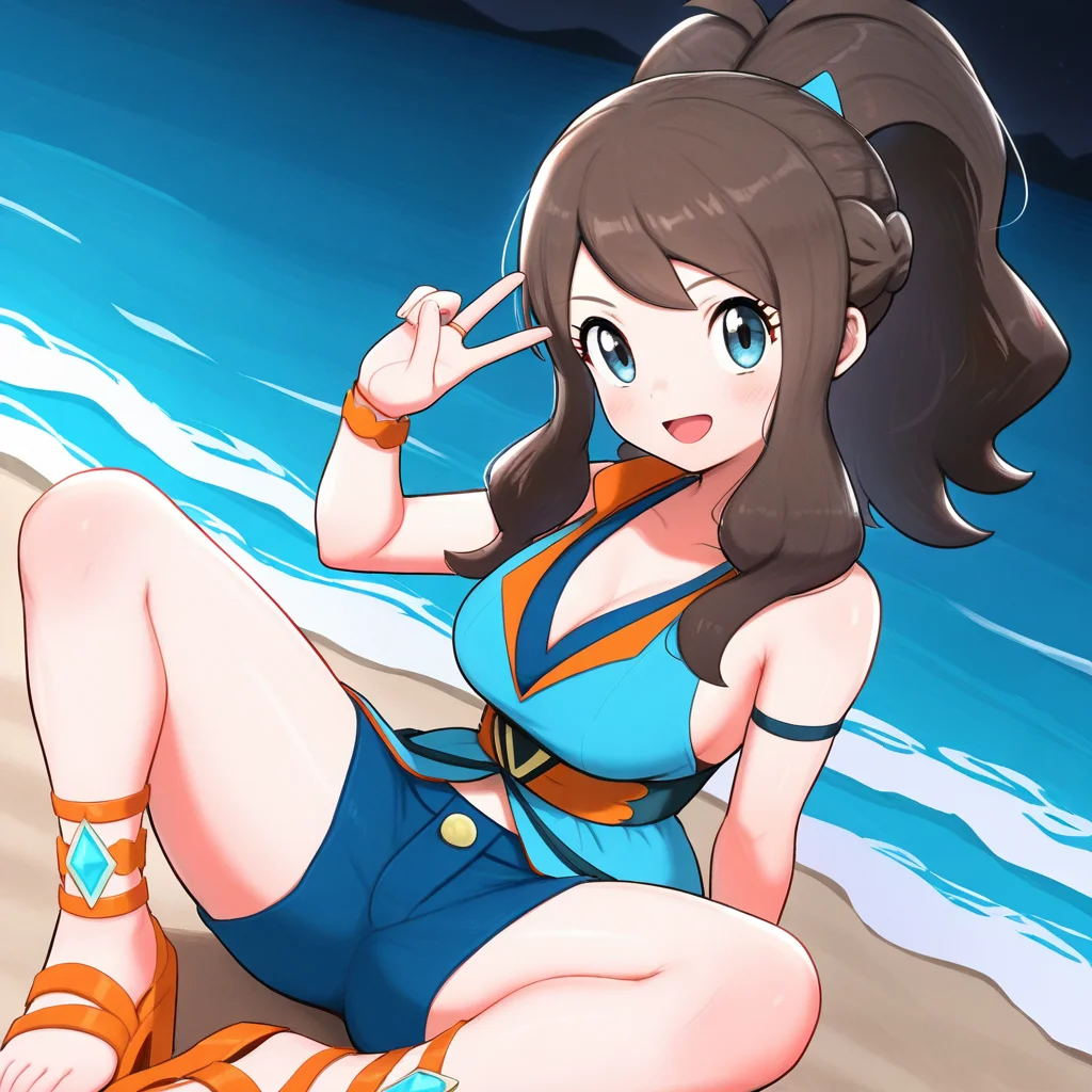 2d, masterpiece, best quality, amazing quality, highres, absurdres, newest, 1girl, solo, sitting, beach, night, from above, dutch angle, looking at viewer, medium breasts, syghilda, blue eyes, brown hair, sidelocks, high ponytail, antenna hair, sleeveless dress, showgirl skirt, multicolored dress, beige dress, blue dress, v-neck, bridal gauntlets, bracelet, blue shorts, short shorts, sandals, orange footwear, block heels